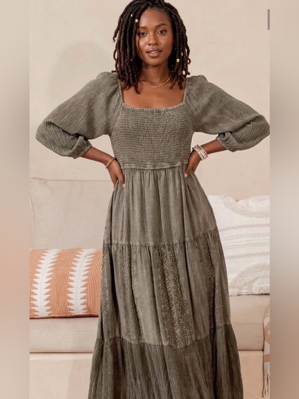 261 NWT Young Threads Gravel Long-Sleeve Smocked Maxi Dress-XLg